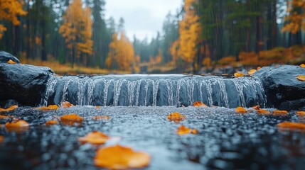 Canvas Print - Autumn waterfall, forest stream, leaves, flowing water, nature background, scenic