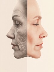 Poster - Contrast of aging and youth with one face exhibiting clear signs of age and the other displaying smooth, youthful features. Generative AI