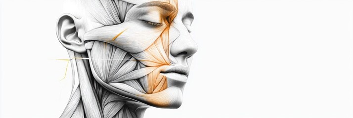 Poster - Anatomical illustration showcasing facial muscles and contours for study of human anatomy and facial structure. Generative AI