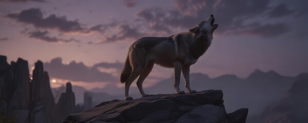 Wall Mural - A howling wolf stands atop a rocky outcrop at dusk,  silhouette,  wilderness