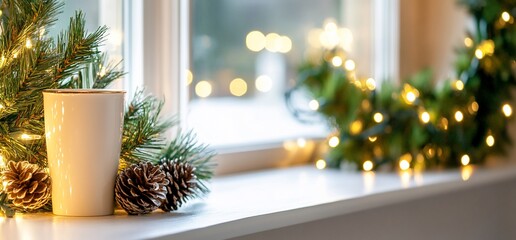 Sticker - Cozy winter window, mug, pine cones, lights