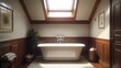 © AGUNG - Luxurious attic bathroom with freestanding tub, natural light, and framed art