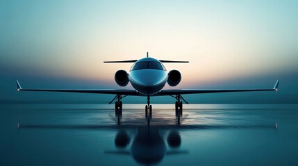 Leinwandbilder - Silhouette of a sleek airplane at dusk with reflections on the water in a tranquil atmosphere. Generative AI