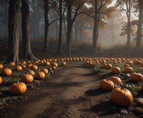 autumnal pumpkin patch under dark wood background, brown, leaves