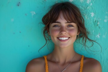 Wall Mural - Young woman with freckles smiling against a bright turquoise background in a sunny outdoor setting