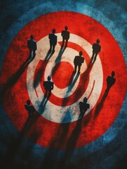 Wall Mural - Businesspeople moving toward the center of circle, with silhouettes representing target audience