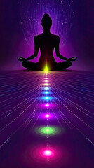 Wall Mural - Meditating Silhouette Surrounded by Vibrant Chakra Points Illuminating Inner Peace and Harmony