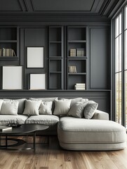 Wall Mural - Front view on grey shades interior design in modern living room with big sofa under empty picture frames on the wall, huge window and book shelf on glossy wooden floor. 3D rendering