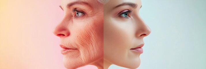 Poster - Contrasting youthful and aged faces highlighting the passage of time and beauty differences. Generative AI