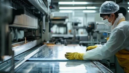Fototapete - A diligent worker in protective gear extracts a steel sheet from a machine in a busy workshop. The environment is bright, showcasing industrial activity focused on metal fabrication.