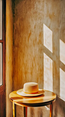 Poster - Sun Hat on Wooden Table Casting Shadows in a Warm, Inviting Room