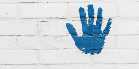 Wall Mural - vibrant blue handprint on a white brick wall art piece that captures modern creativity