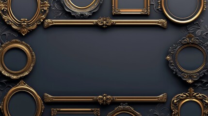 Art deco frames, golden elegant antique borders, decorative game buttons or labels isolated on dark background. Vector illustration.