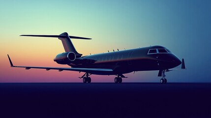 Leinwandbilder - Silhouette of a sleek airplane against a colorful twilight sky at dusk. Generative AI
