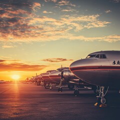 Aufkleber - Retro airplanes lined up on a vintage airfield at sunset creating a nostalgic atmosphere. Generative AI