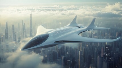 Wall Mural - Futuristic airplane soaring above a sprawling sci fi cityscape under a cloudy sky. Generative AI