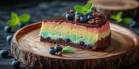 Sticker - Vibrant rainbow cake with blueberry and mint accents, served on a rustic wooden cutting board.