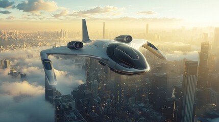 Aufkleber - Futuristic airplane soaring above a vibrant sci fi cityscape during a golden sunset. Generative AI