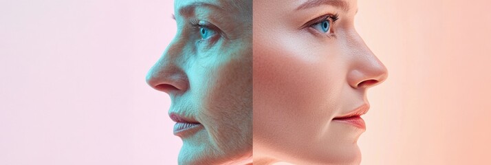 Aufkleber - Contrast of aging with youthful skin displayed side by side in a modern setting. Generative AI