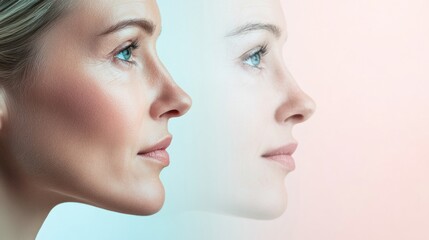 Fototapete - contrasting youthful and aging faces showcase the passage of time and beauty differences in a serene