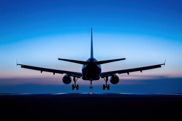 Leinwandbilder - Silhouette of a sleek airplane against a twilight sky with vivid colors and clean lines seen from below. Generative AI