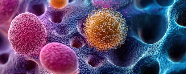 Wall Mural - close-up abstract view showing colorful cells within a biological microscopic structure