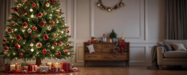 Wall Mural - Decorated Christmas tree with ornaments and lights,  ribbons,  garlands