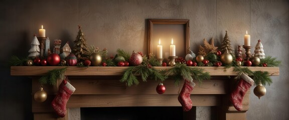 Wall Mural - Decorated mantel with Christmas ornaments hanging from a wooden beam,  christmas mantel,  cozy home