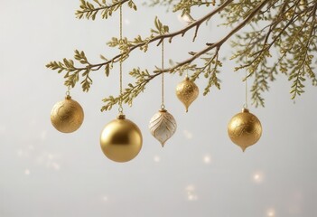 Wall Mural - Delicate gold ornaments hanging from a branch on an isolated white background,  Christmas decorations,  snowflake