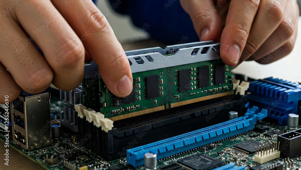 Hands carefully install RAM modules onto a computer motherboard ...