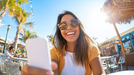 Fisheye view of a cheerful young woman sitting at an outdoor cafe on a sunny day, holding her smartphone and showing a shopping cart symbol on the screen, enjoying online shopping