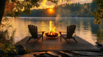 Poster - Lakeside Sunset Fire Pit With Adirondack Chairs