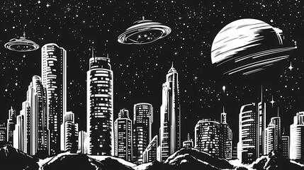 Wall Mural - Space city on planet background. black and white metropolis with skyscrapers and asteroid in sky with flying saucer and stars in retrofuturism style. Retro Futurism. Illustration