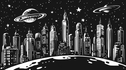 Wall Mural - Space city on planet background. black and white metropolis with skyscrapers and asteroid in sky with flying saucer and stars in retrofuturism style. Retro Futurism. Illustration