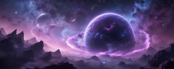 ethereal planet with swirling purple clouds and glowing blue stars , abstract, celestial