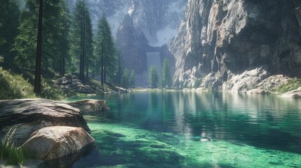 Poster - Serene Mountain Lake With Waterfall And Pine Trees