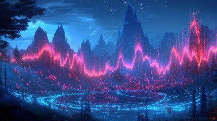 Sticker - Enchanted Night Landscape with Glowing Peaks and Forest