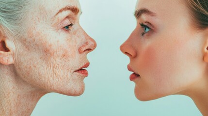 Wall Mural - Contrasting beauty of aging and youth captured in a striking portrait of two faces side by side. Generative AI