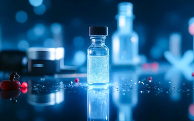 scientific research vial of liquid in a lab setting.