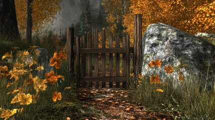 Wall Mural - Autumnal Woods Path Wooden Gate Scene