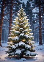 Wall Mural - Frosty snow-covered pine tree with twinkling lights and ornaments,  evergreen trees, winter wonderland