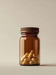 Closeup of a brown glass prescription bottle with pills in a row.