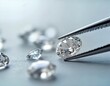 © miss irine - Close-up view of brilliant cut diamond held by tweezers. Several diamonds visible around. Jeweler handling precious stone. Gemstone sorting process. High-quality image for luxury jewelry brand gem