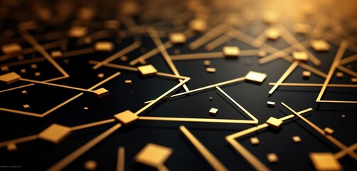Fototapete - Abstract design with black background, gold geometric shapes. Complex pattern of squares, lines create stylish visual effect. Suitable for wallpaper digital art. Modern art style. Unique abstract