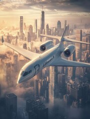Aufkleber - Futuristic airplane gliding over a sprawling sci fi cityscape during dusk. Generative AI