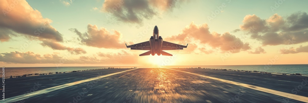 Military fighter jet takes off from aircraft carrier at sunset above ...