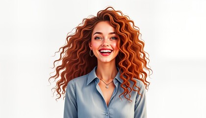 Wall Mural - Cheerful young woman with curly red hair smiles broadly. Wears light blue button-up shirt, hoop earrings. Expression joyful, astonished. Isolated on white background. Possible themes include fashion,