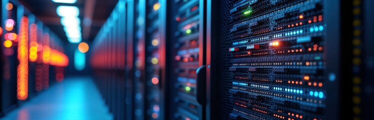 Poster - Modern data center rack technology in operation. Server racks with glowing lights. High-performance networking equipment. Data centers show efficiency, power. Digital tech in action. Advanced tech