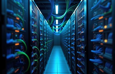 Poster - Data center interior shows organized server racks with many cables. Efficient network management evident. Structured cabling system ensures fast data flow. Organized, structured network