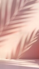 Aufkleber - Abstract minimal interior scene with soft light pink wall and floor. Palm leaf shadows create elegant design. Suitable for product presentation or beauty concept. Suggests spring or summer atmosphere.